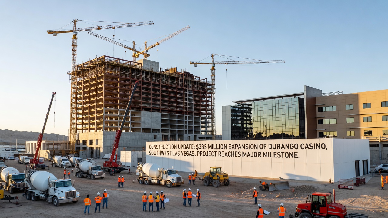 Wide view of Durango Casino construction progress showing steel framework and cranes in southwest Las Vegas